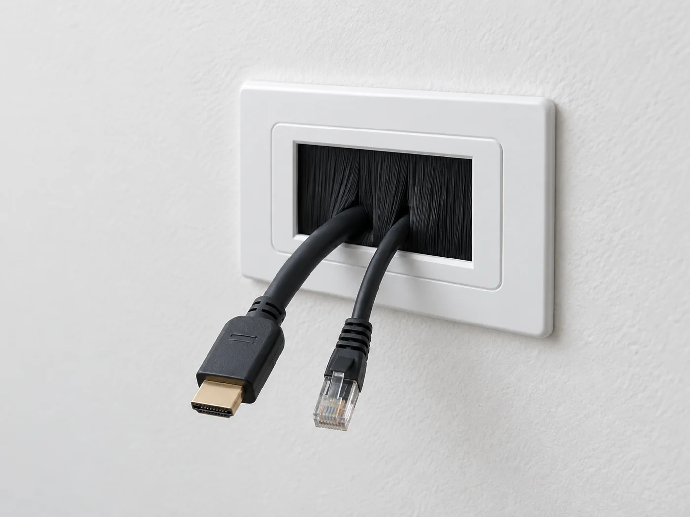 white brush plate carrying low-voltage television cables through a wall