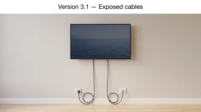 TV on a bare wall with power and antenna leads hanging to lower outlets