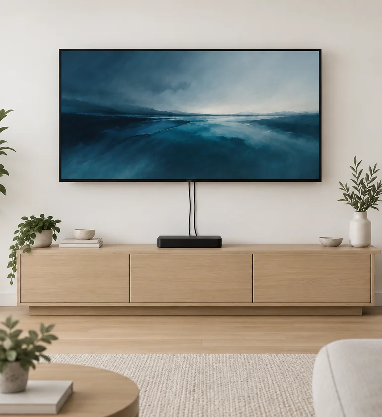 Wall-mounted TV above a timber cabinet, with two visible cables to a media device