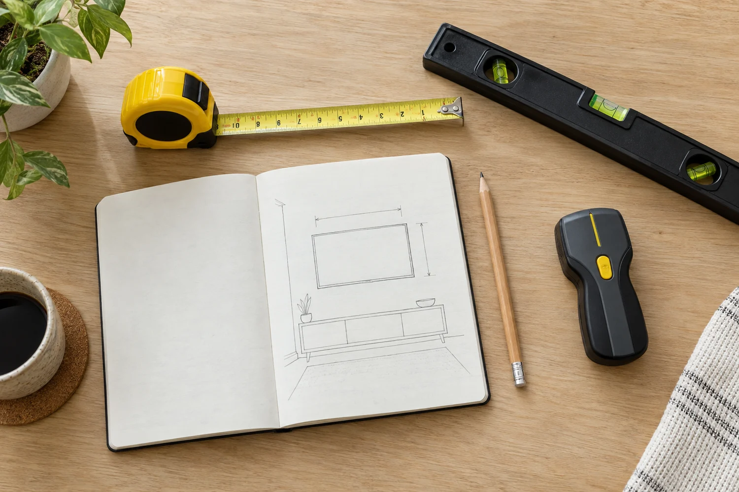 installation planning tools and a sketch of a television wall