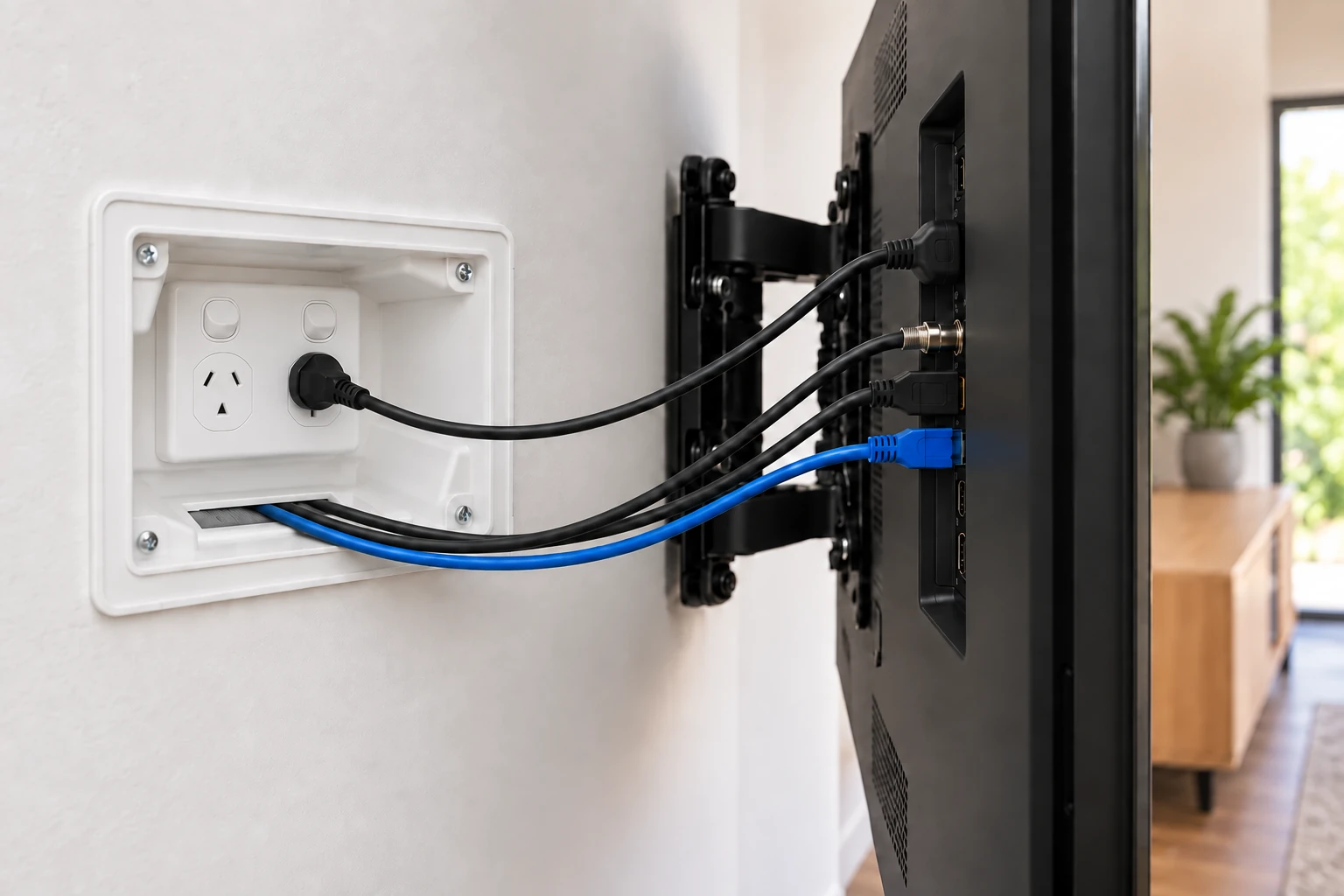 side view using the recessed mounting box supplied by TV Mount Australia, with a television power lead connected to the outlet and three low-voltage cables passing through the lower brush plate to the TV