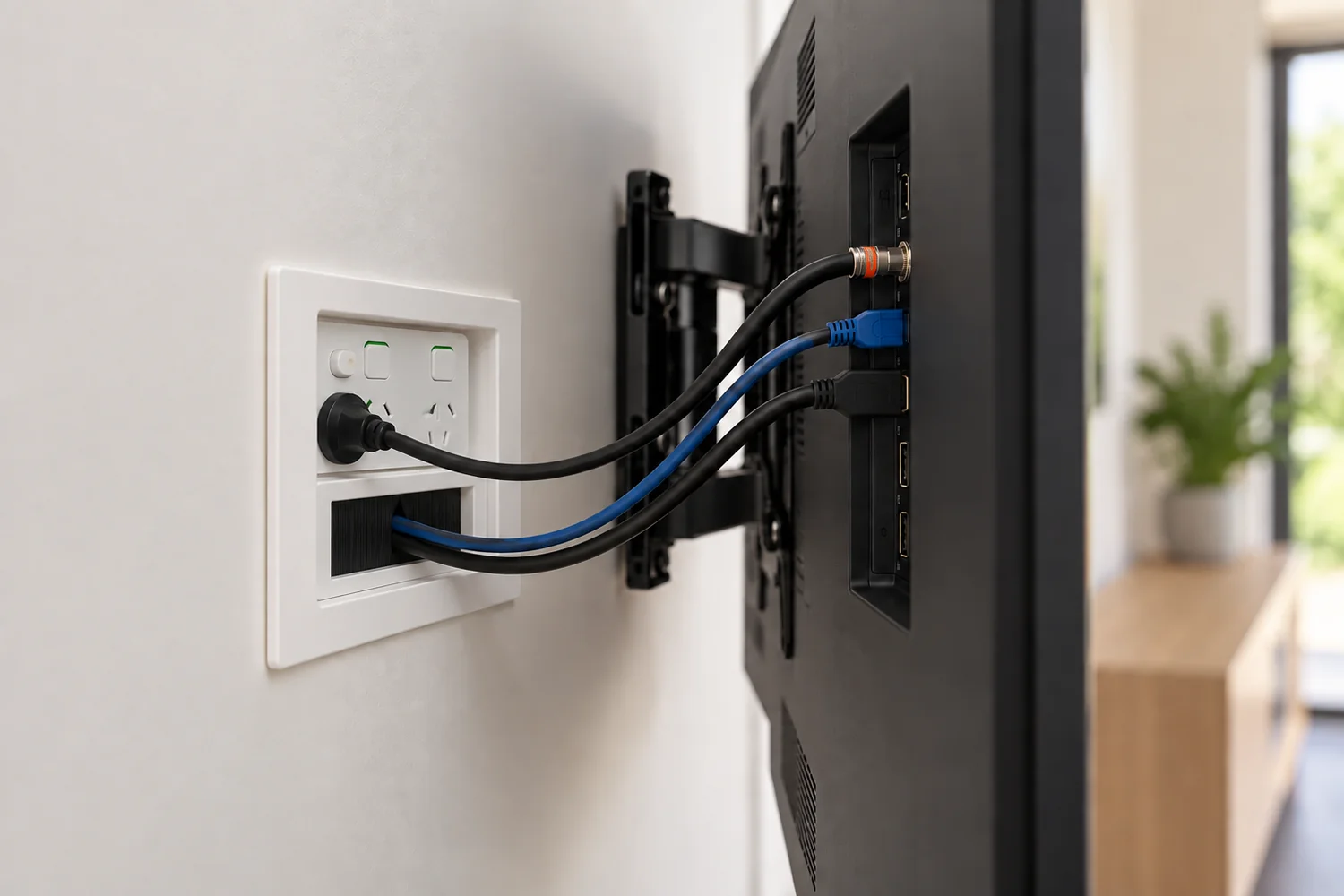 recessed wall box with a power outlet above and a separate brush passage for television signal cables below