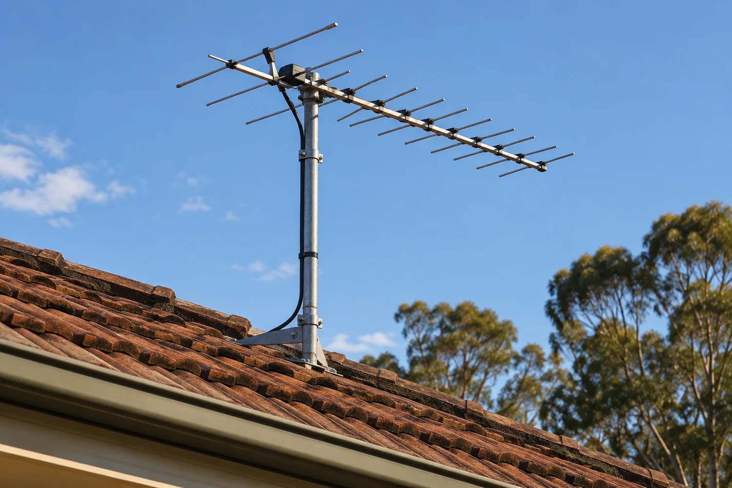 outdoor television antenna on a tiled roof