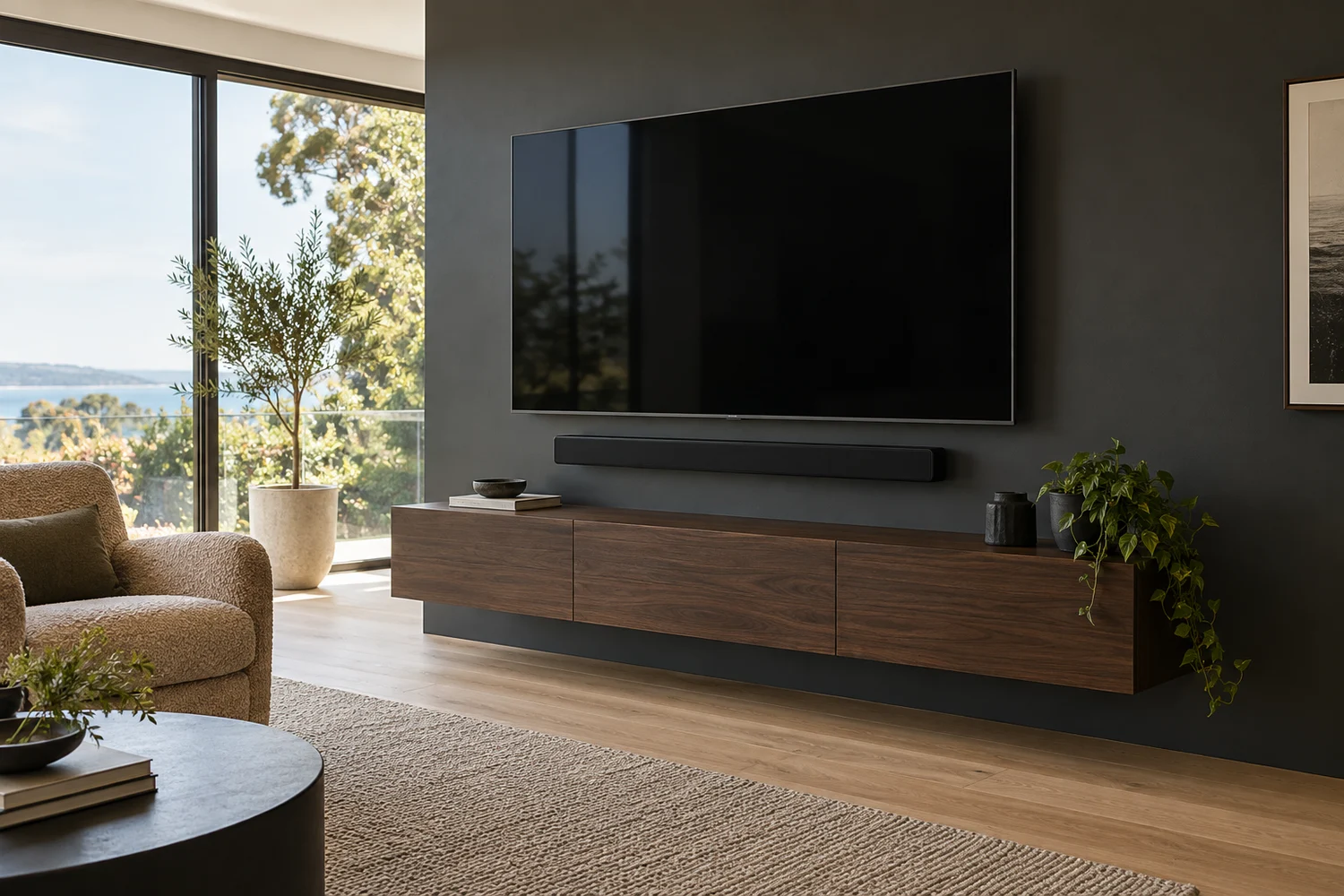 charcoal media room with a television, soundbar and floating walnut console