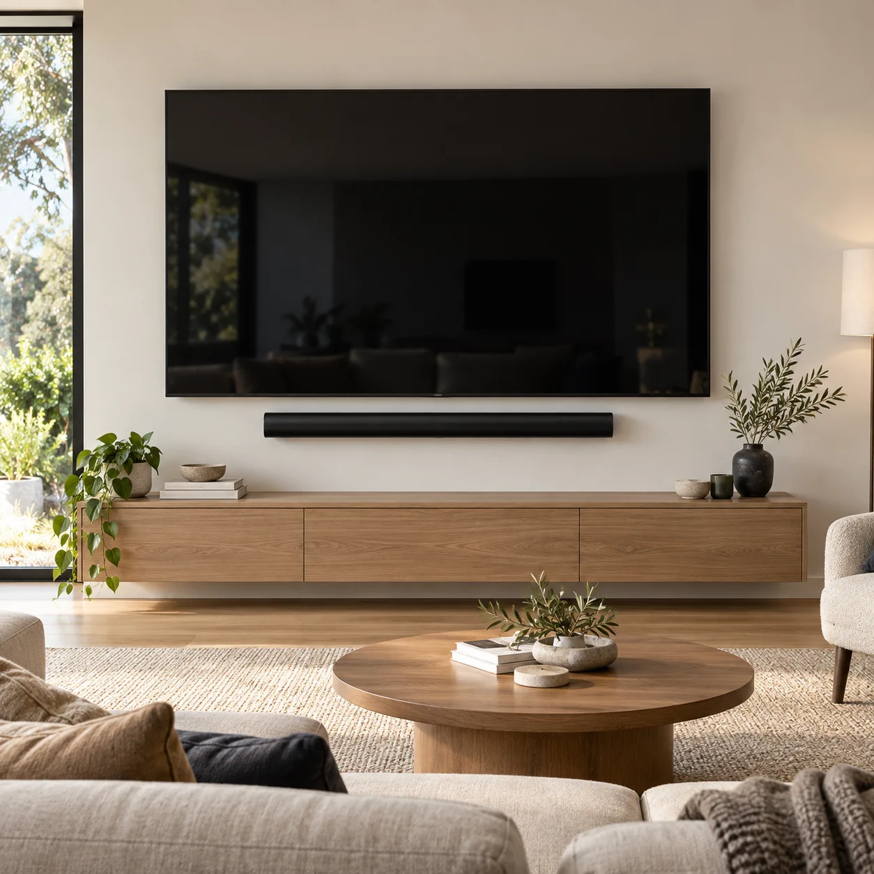 Large wall-mounted television and soundbar with concealed cables in a complete living-room setup