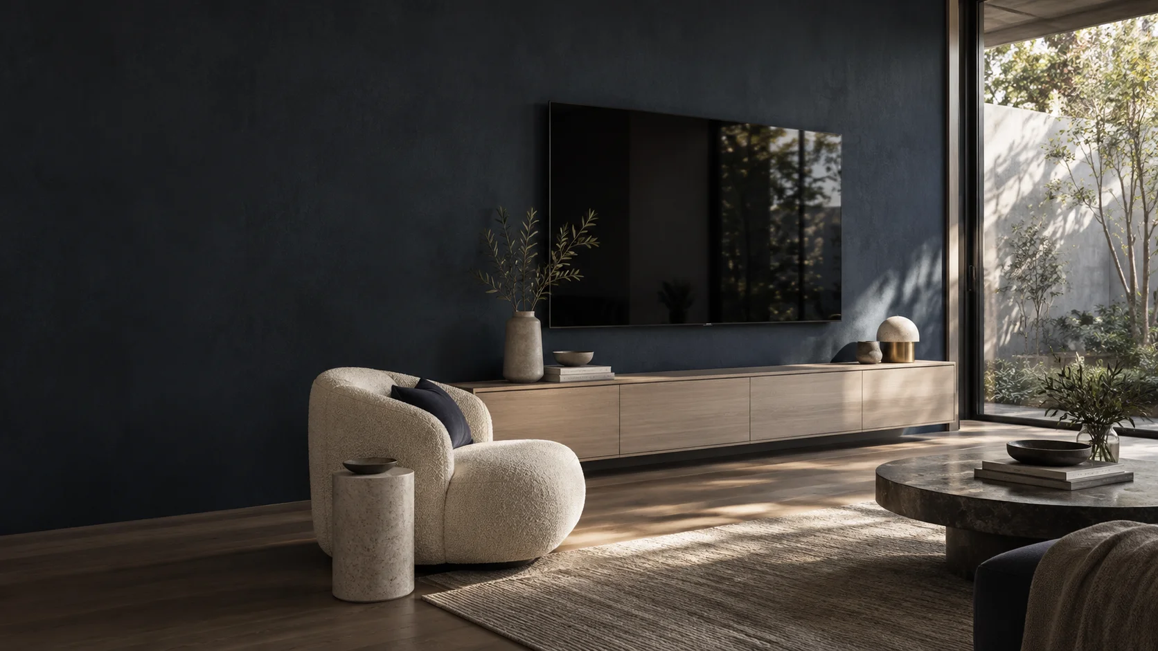 Acton living room with wall-mounted television