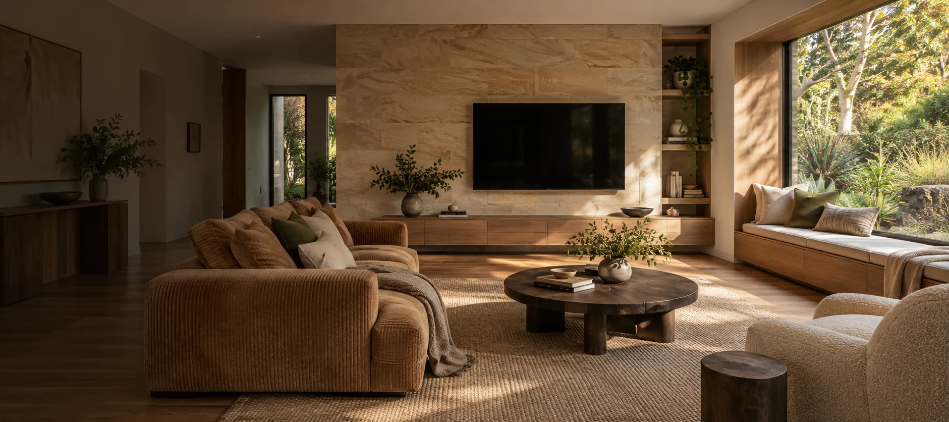 Generated Banks living room with a wall-mounted television