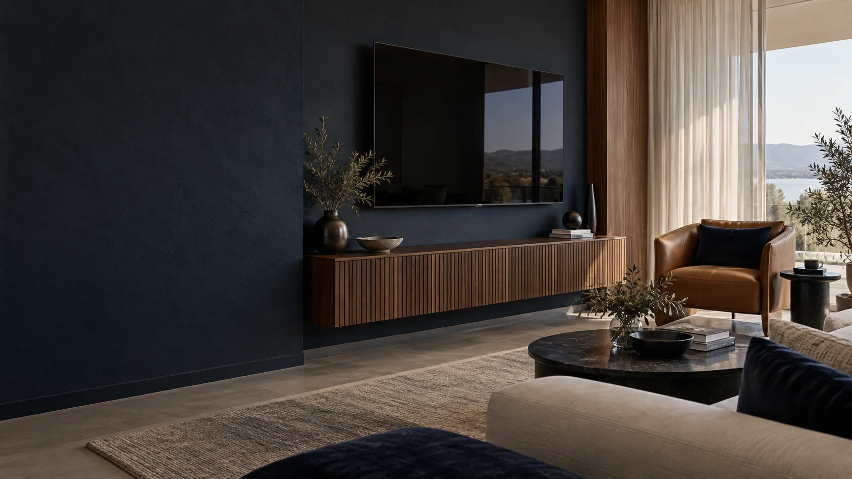 Barton living room with wall-mounted television