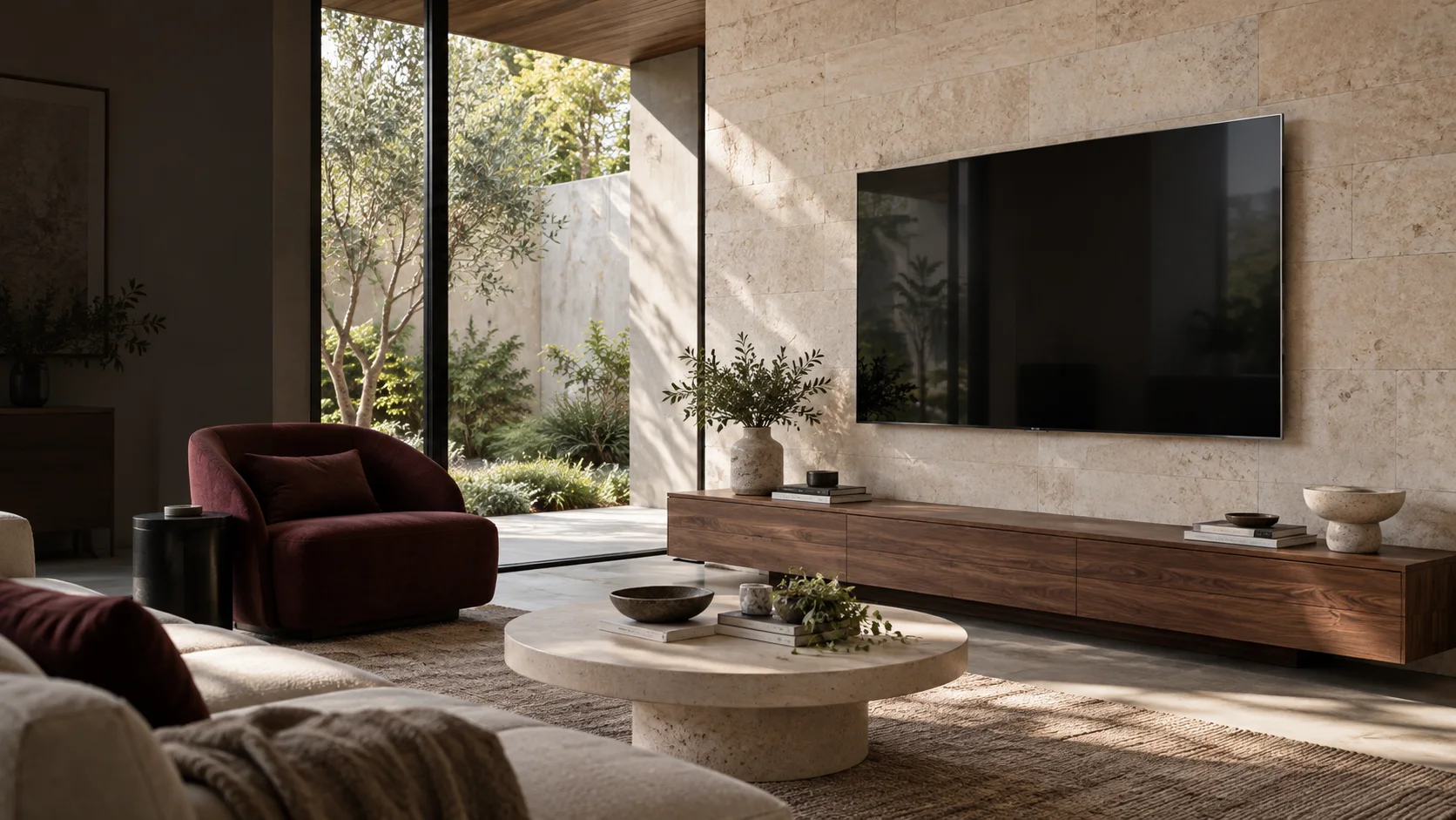 Crace interior concept with a neatly wall-mounted television