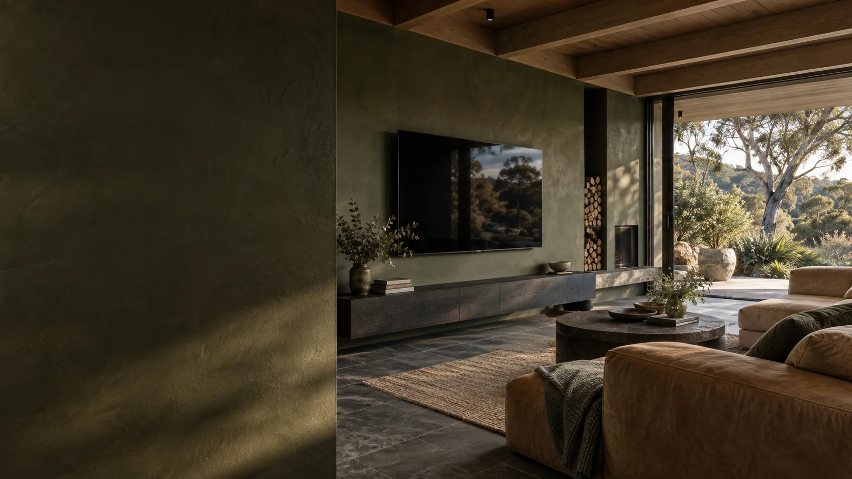 Farrer living room with wall-mounted television