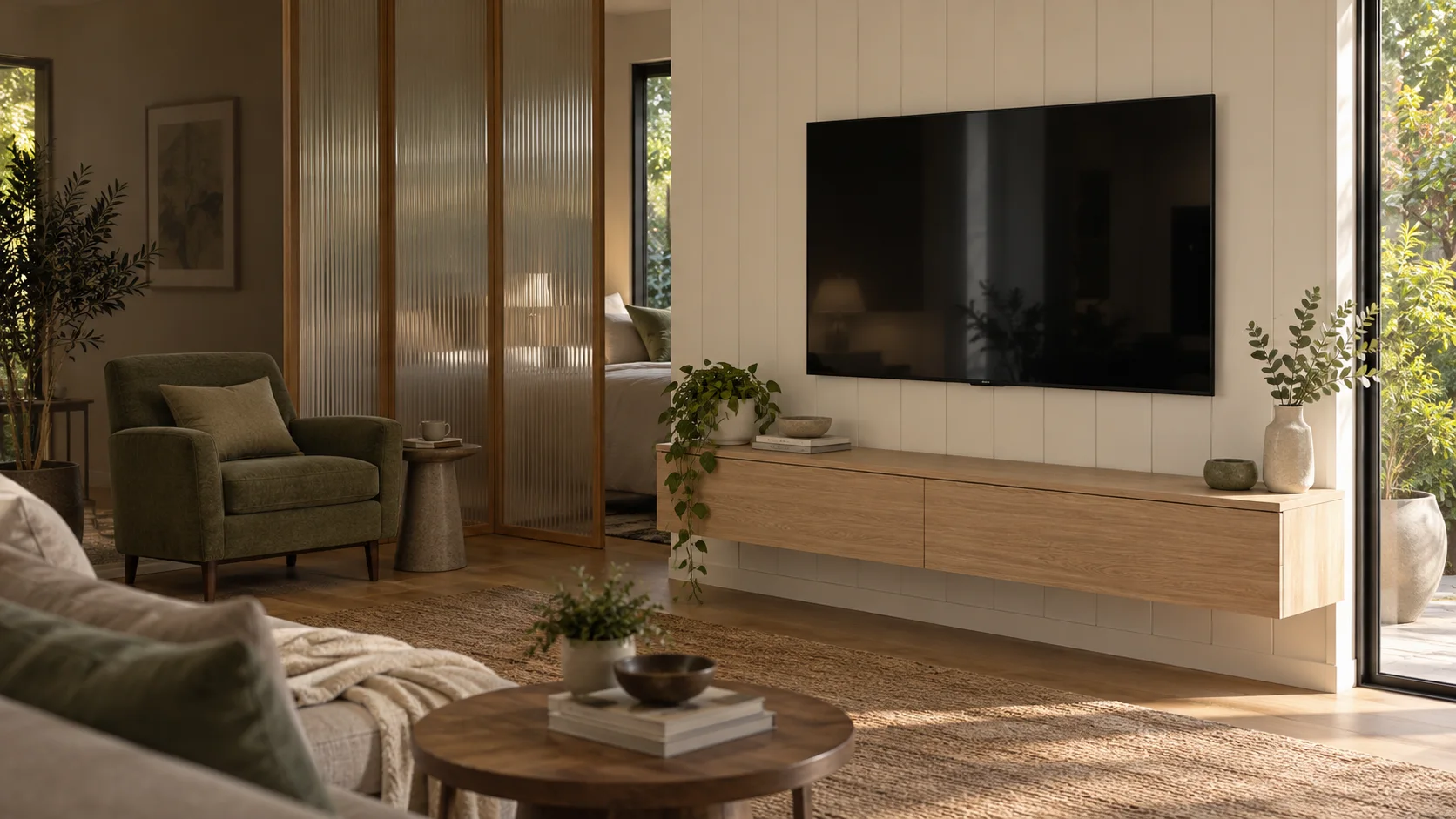 Florey interior concept with a neatly wall-mounted television