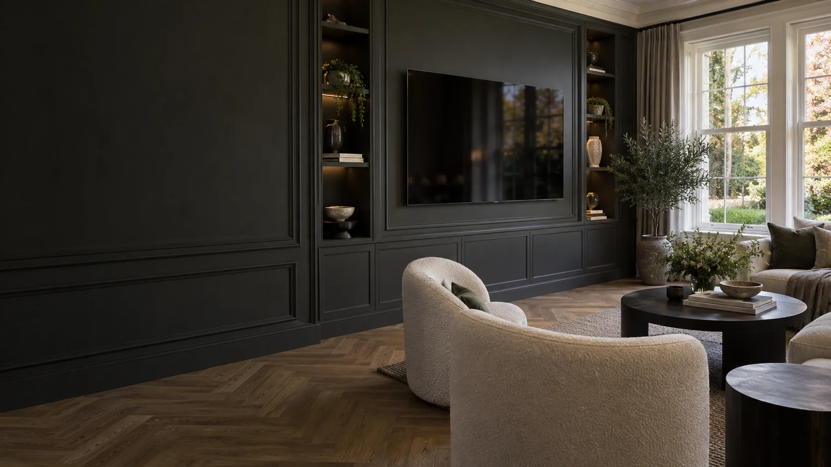 Forrest living room with wall-mounted television