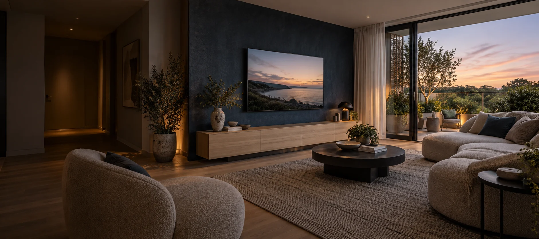 Generated Greenway living room with a wall-mounted television