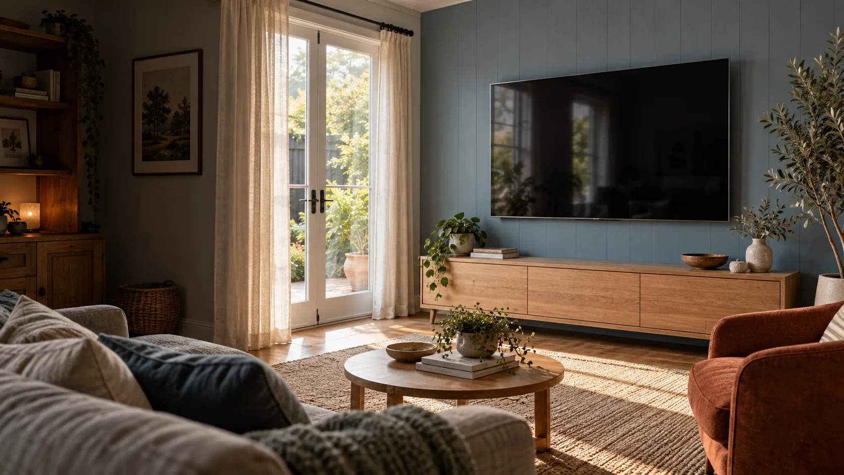 Higgins interior concept with a neatly wall-mounted television
