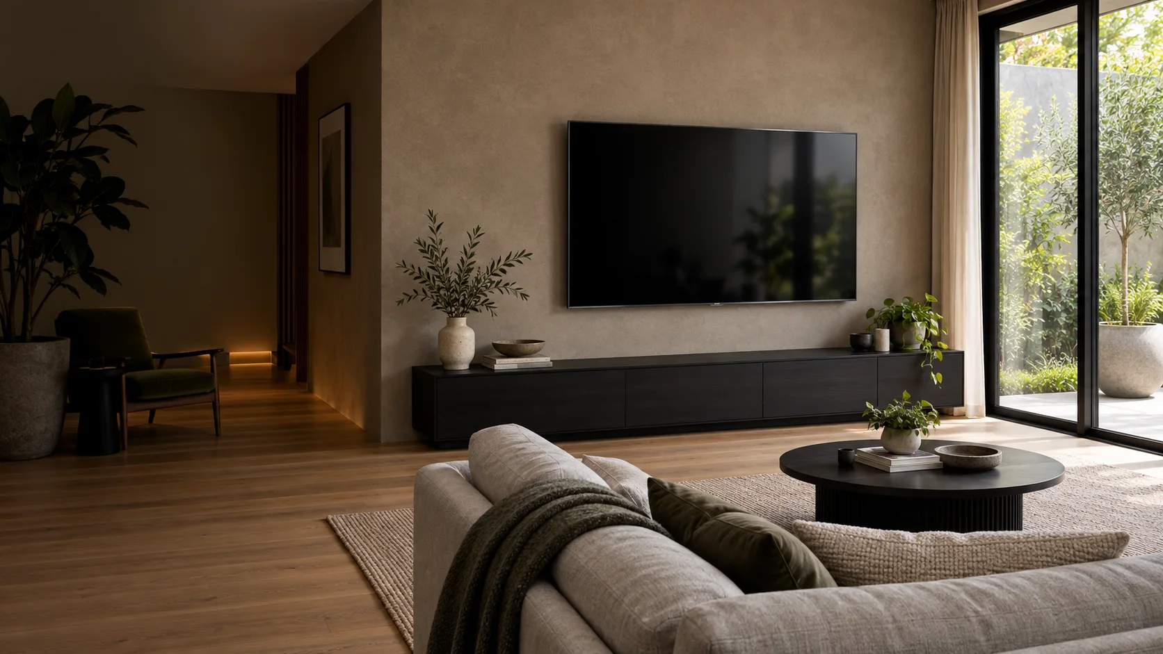 Holt interior concept with a neatly wall-mounted television