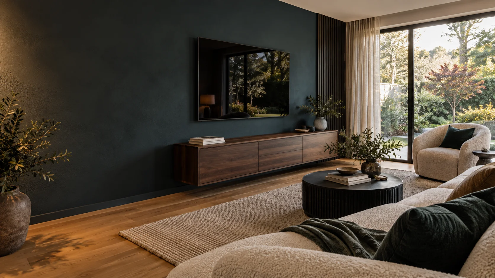 Hughes living room with wall-mounted television