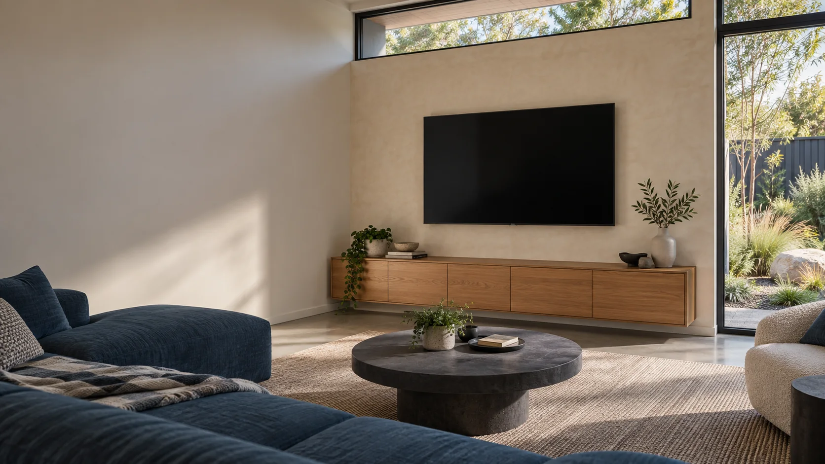Jacka living room with a wall-mounted TV
