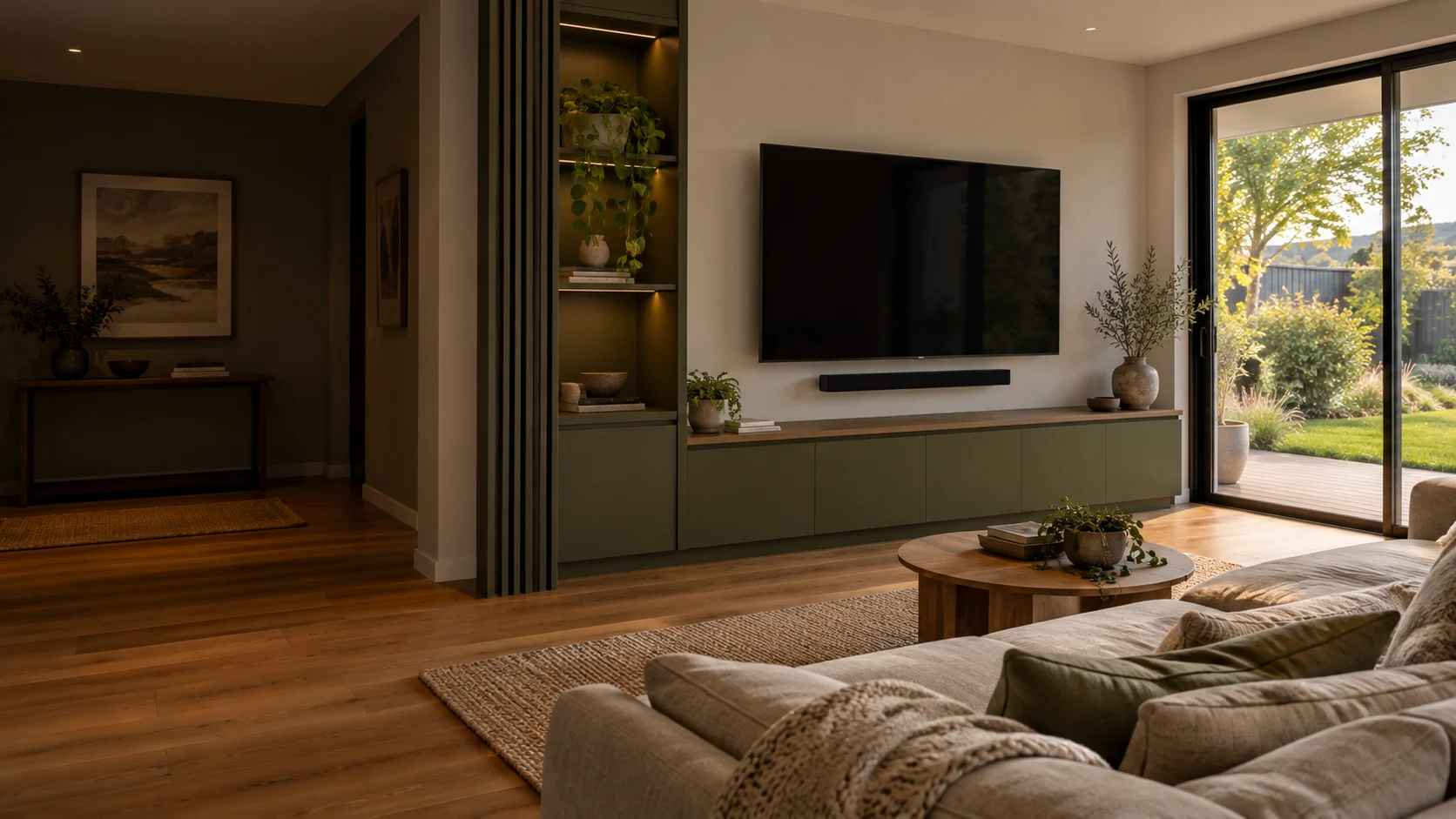 Karabar living room with a wall-mounted television