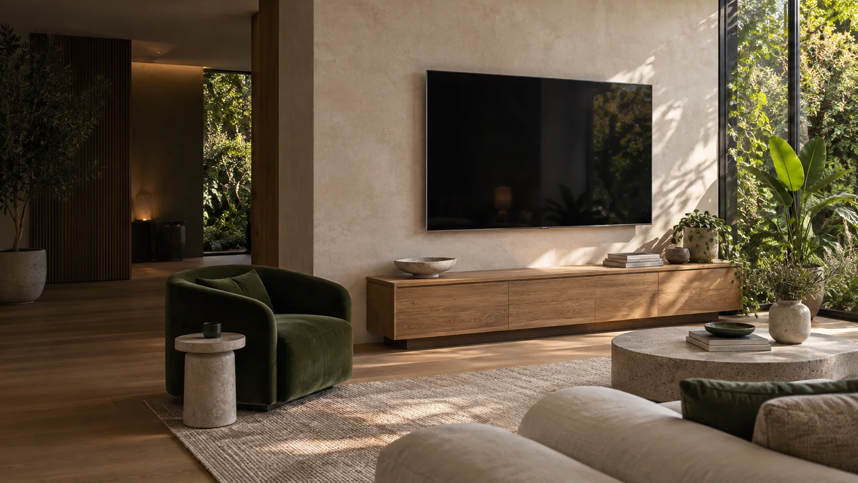 Latham interior concept with a neatly wall-mounted television