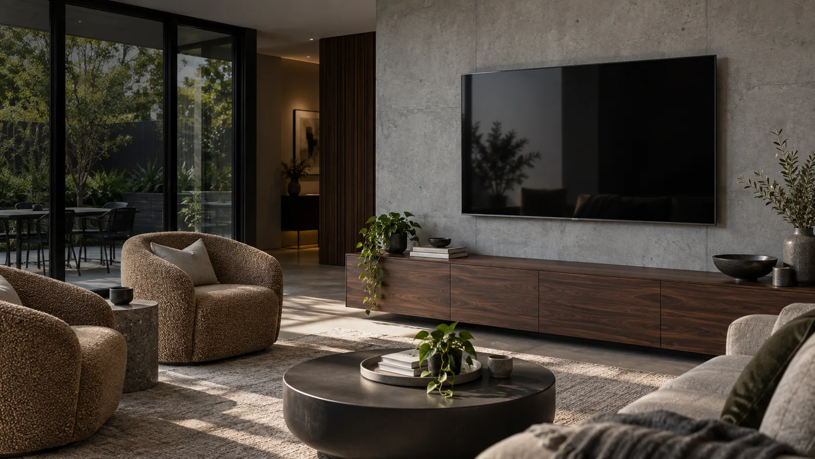 Lawson interior concept with a neatly wall-mounted television