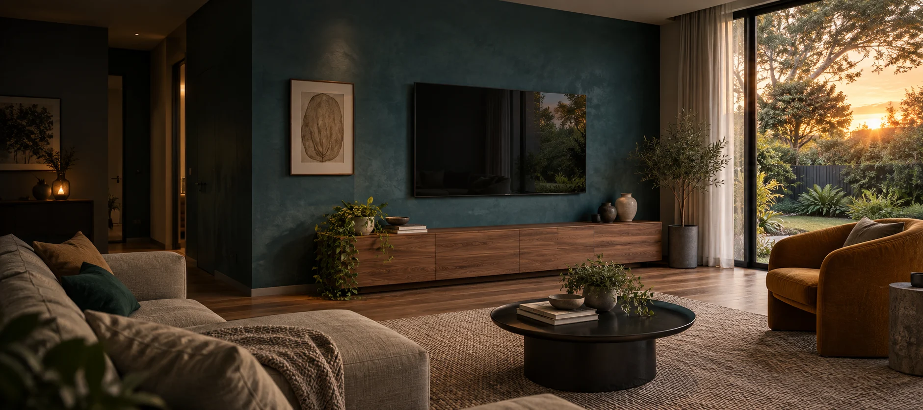 Generated Oxley living room with a wall-mounted television
