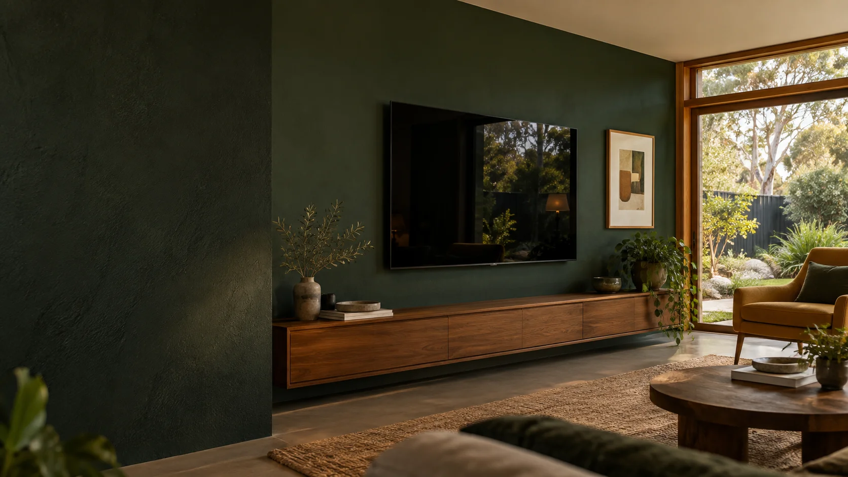Pearce living room with wall-mounted television