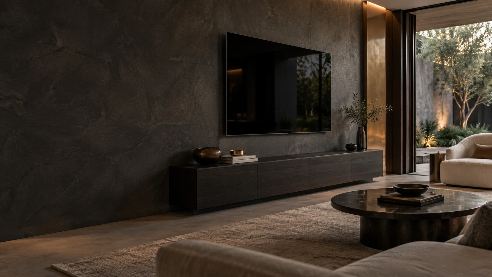 Russell living room with wall-mounted television