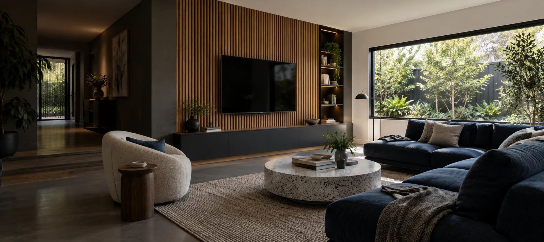 Generated Wright living room with a wall-mounted television