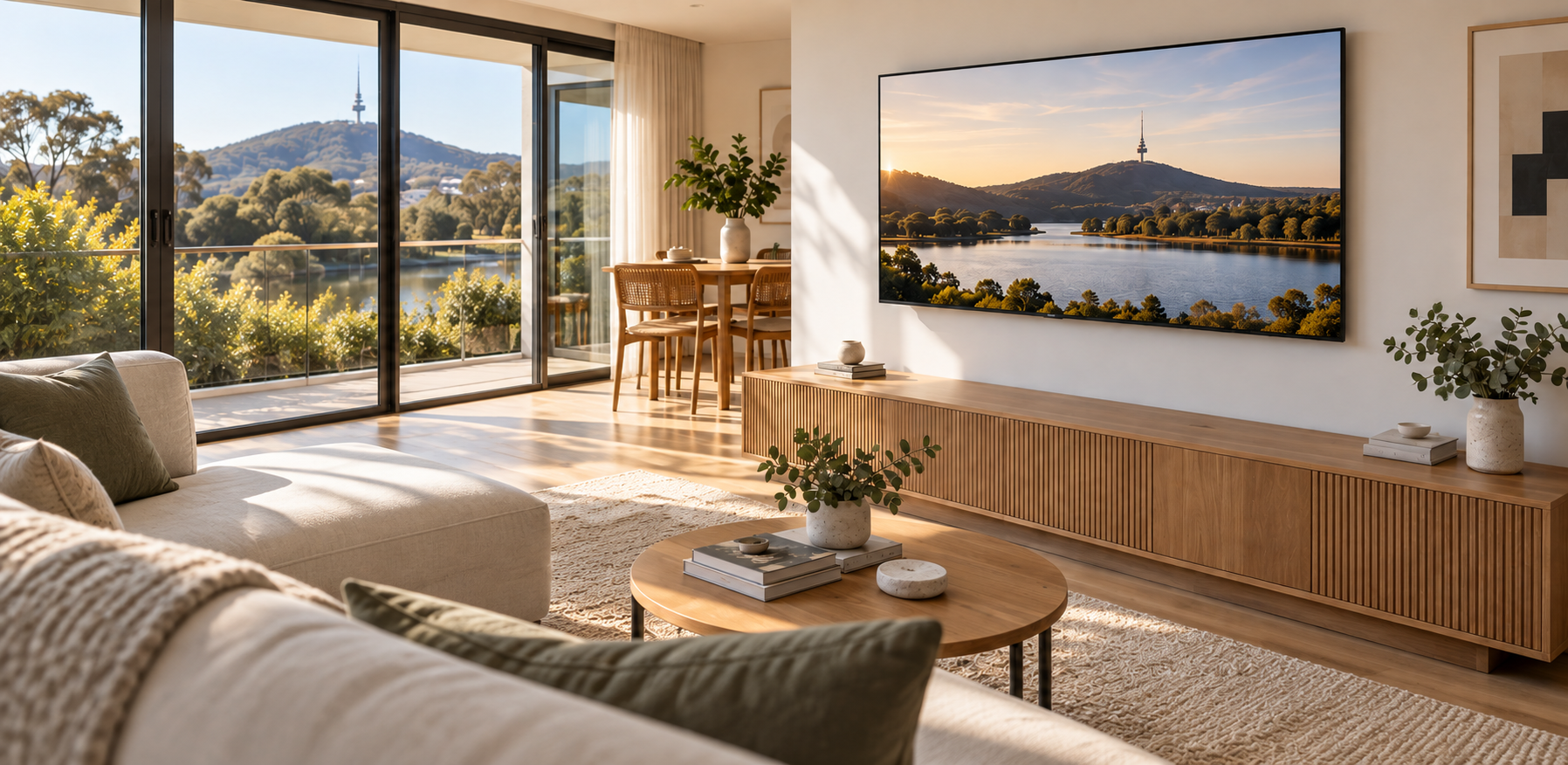 contemporary living room with a television mounted above a timber console